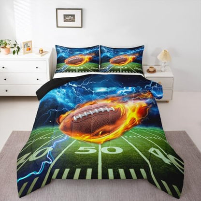 American Football Comforter Set King Size Lightning and Flame 3D Football Field Quilt Set 3Pcs Kids Boys Fashion Teens Room Decor Sports Games Duvet Insert, 2 Pillowcase