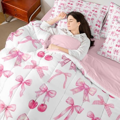 White Cherry Bow Full Size Bed Sheets and Comforter Set, Cute Silk Ribbon Bowknot 7 Piece Bedding Set Princess Bow Tie Bed in a Bag, Dreamy Kawaii Room Decor,Girly Light Pink Room Decor Aesthetic