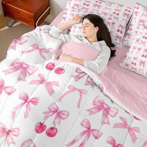 White Cherry Bow King Size Comforter Set with Sheets, Cute Silk Ribbon Bowknot 7 Piece Bedding Set Princess Bow Tie Bed in a Bag, Dreamy Kawaii Room Decor,Girly Light Pink Room Decor Aesthetic