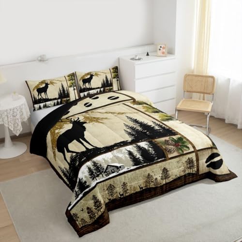 Erosebridal Deer Hunting Comforter Set Twin Size Wild Animal Deer Print Bedding for Boys Girls Western Themed Bedding Comforter Sets Grids Patchwork Decor Duvet Insert Hunting Theme Quilt 2 Pcs