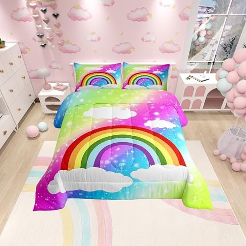 Girls Rainbow Twin Size Comforter Set,Kids Colorful Sky Decor All Season Bedding Set,Teens Tie-dye Comforter,Children Fairy Tale Decor Quilt Set Bedroom Collection 2Pcs