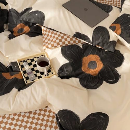 Wellboo Black Floral Comforter Sets Twin Women Girls White and Black Botanical Bedding Sets Cotton Beige Black Sunflower Quilts Teens 3D Large Flower Quilts Watercolor Boho Garden Bohemian Bedding
