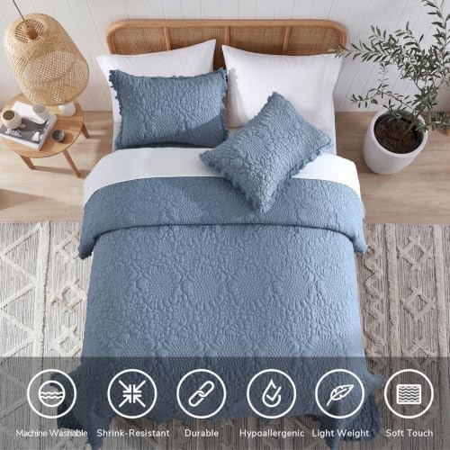 HORIMOTE HOME Blue Ruffled Quilt King Size, Stone-Washed Microfiber Lightweight Crinkled Farmhouse Rustic Shabby Chic Bedding Set, 3 Pieces Reversible Bedspread with Pillow Shams for All Season