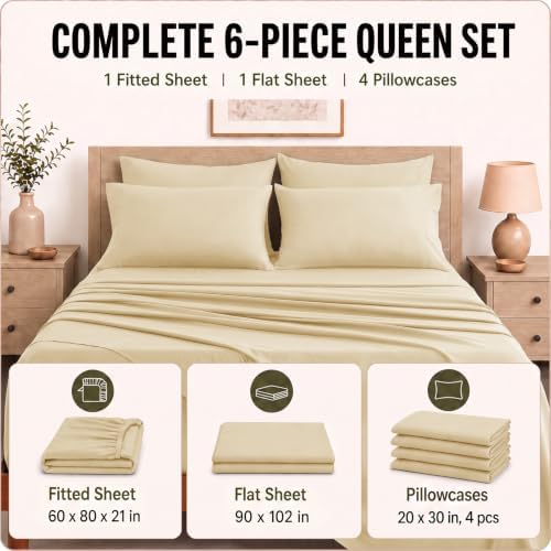 CozyLux Queen Sheet Set 6-Piece, 21-Inch Deep Pocket, Soft Brushed Feel