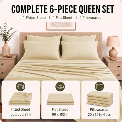CozyLux Queen Sheet Set 6-Piece, 21-Inch Deep Pocket, Soft Brushed Feel