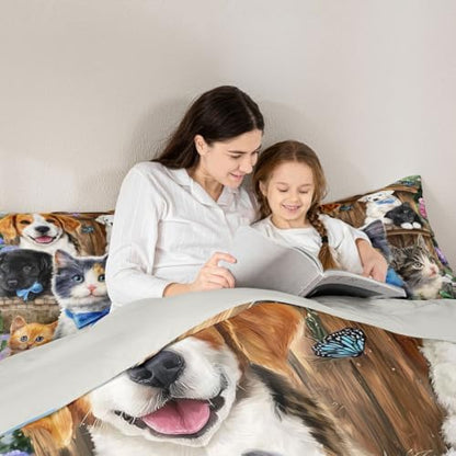 Cat Twin Comforter Set for Boys Girls Kids Kawaii Bedding Cute Animal Pet Kitten Comforter Lovely Kitten Puppy Down Comforter Cartoon Kawaii Dog Animal Design Toddler Bedroom Collection 2Pcs