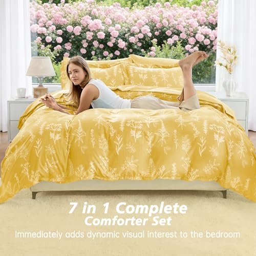 MUXHOMO Bright Yellow Bed in a Bag Queen 7 Pieces, Queen Comforter Set Reversible Botanical Flowers Design, Ultra Soft & Breathable Bedding Sets with Comforter, Sheets, Pillowcases & Shams