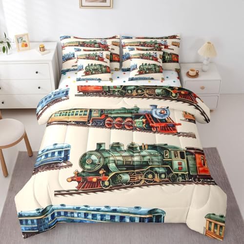 Erosebridal Boys Train Queen Bed in A Bag for Home, Vintage Steam Train Comforter Set with Sheets, Steam Engine 7-Piece Bedding Set, Transportation Vehicle Bed Sets for Kids Teen Men Bedroom