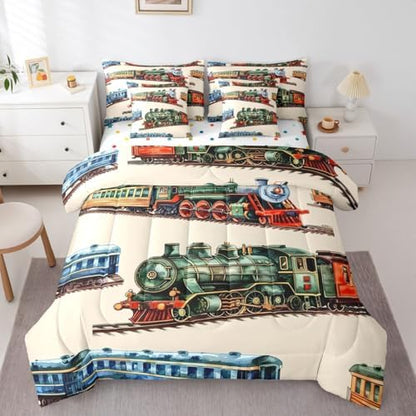 Erosebridal Boys Train Full Comforter Set with Sheets for Home, Vintage Steam Train Bed in A Bag, Steam Engine 7 Pieces Bedding Set, Transportation Vehicle Bed Sets for Kids Teen Men Bedroom