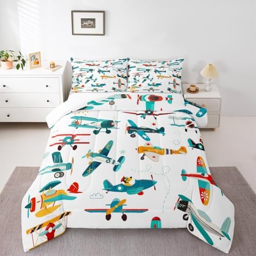 Cute Airplane Comforter Set Queen Size Kids Boys Cartoon Plane Bedding Set 3pcs Colorful Aviation Aircraft Quilted Duvet Graffiti Star Lines White Duvet Insert Teens Bedroom Decor,2 Pillowcases