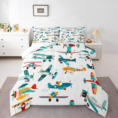 Cute Airplane Comforter Set Queen Size Kids Boys Cartoon Plane Bedding Set 3pcs Colorful Aviation Aircraft Quilted Duvet Graffiti Star Lines White Duvet Insert Teens Bedroom Decor,2 Pillowcases