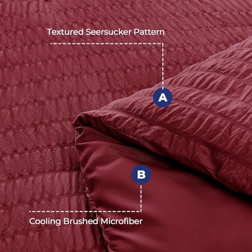 HYMOKEGE Burgundy Oversized King Comforter Set Seersucker 7 Pieces, All Season Luxury Bed in a Bag for Bedroom, Bedding Set with Comforter, Sheets, Pillowcases & Shams