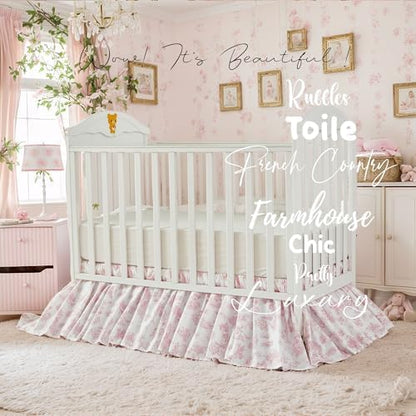 Brandream French Country Toile Cotton Crib Skirt Toddler Bedskirt Dust Ruffle Baby Nursery Crib Bed Skirt Boho Bohemian Vintage Pink Floral Print Farmhouse Chic Ruffles Skirt
