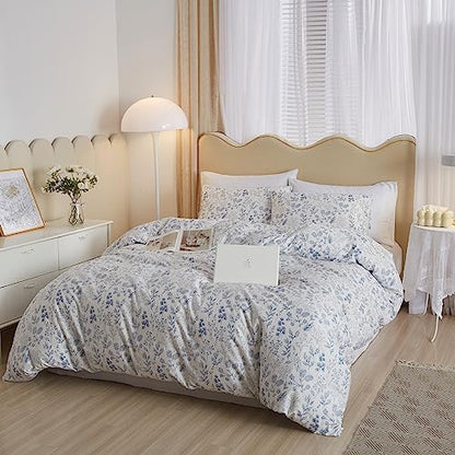 mixinni Blue Flowers Duvet Cover for Teenage Girls Twin XL Size Floral Leaf Printed Soft Cotton Floral Bedding Set with Zipper Closure 4 Corner Ties for Women-Twin XL Size