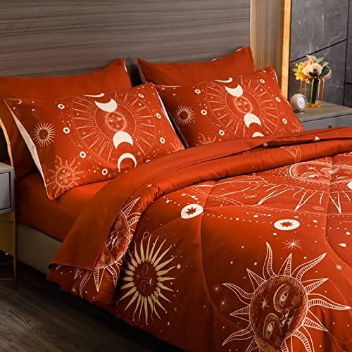Celestial Bdding 7 Pieces Burnt Orange Comforter Set Boho Bedding Witchy Bedding Set Hippie Bed Set Starry Galaxy Comforter Set Queen Sun and Moon Bed Set Full