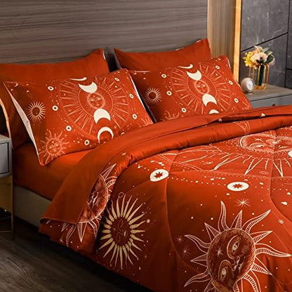 Celestial Bdding 7 Pieces Burnt Orange Comforter Set Boho Bedding Witchy Bedding Set Hippie Bed Set Starry Galaxy Comforter Set Queen Sun and Moon Bed Set Full