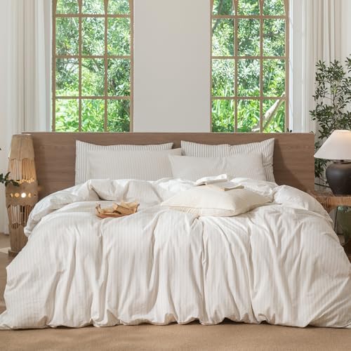 MooMee Striped Duvet Cover Set 100% Washed Cotton Linen Like Queen