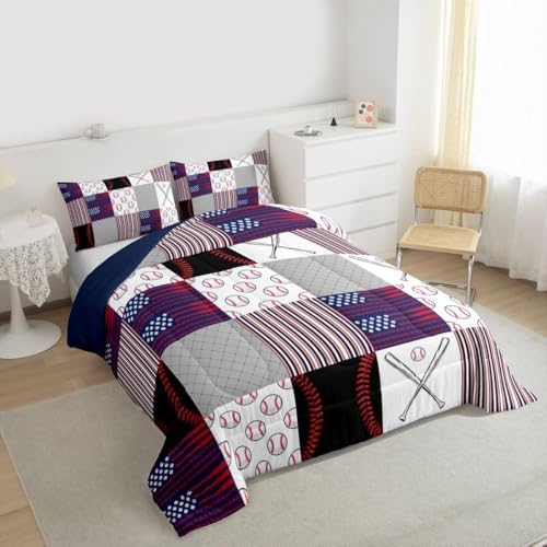 Boys Baseball Bedding Set King Ball Games Sports Comforter Set for Kids Teens,Red Blue Abstract American Flag Bedding Comforter Set Patchwork Grey Grid USA Flag Quilt Duvet Set with 2 Pillow Cases