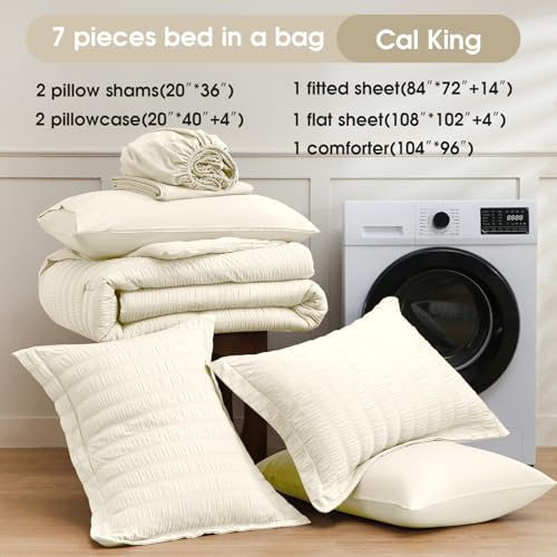 FreshCulture Comforter Set Seersucker 7 Pieces, All Season Bedding Set California King, Bed in a Bag Set with 1 Comforter, 1 Flat Sheet, 1 Fitted Sheet, 2 Pillowcases and 2 Pillow Shams, Ivory