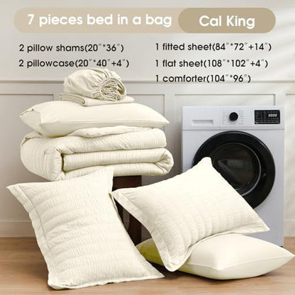 FreshCulture Comforter Set Seersucker 7 Pieces, All Season Bedding Set California King, Bed in a Bag Set with 1 Comforter, 1 Flat Sheet, 1 Fitted Sheet, 2 Pillowcases and 2 Pillow Shams, Ivory