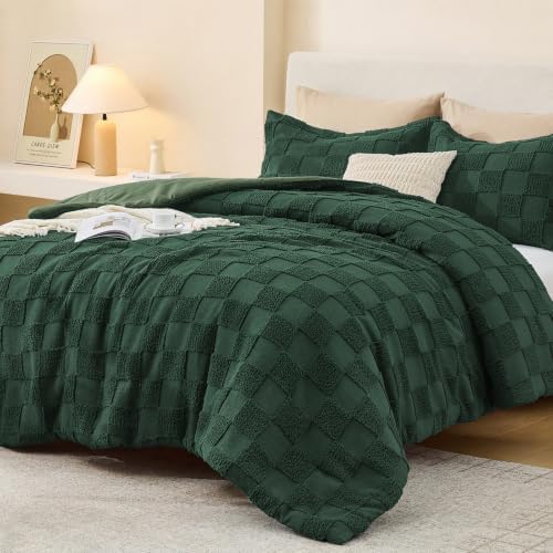 Sasttie Queen Comforter Set, 3 PC Boho Tufted Bed, Checkered Bedding, Green