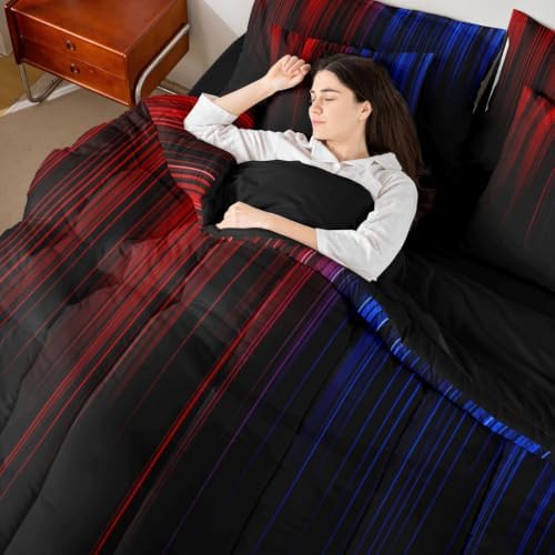 Feelyou Neon Blue Red King Comforter Set with Sheets for Kids Boys Girls Geometric 7 Pieces Bedding Set Ombre Bed in a Bag Room Decor Soft Lightweight Microfiber