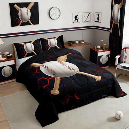 Castle Fairy Boys Baseball Twin Size Comforter Set,Kids Ball Games Theme Decor All Season Bedding Set,Teens Softball Comforter,Children Honeycomb Decor Quilt Set Bedroom Collection 2Pcs