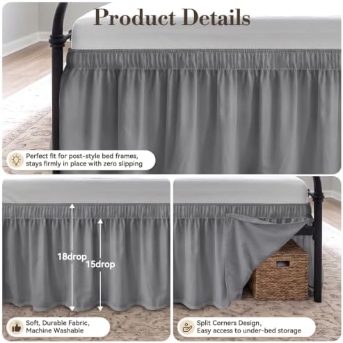 RIMELA Bed Skirt with Split Corners, King, 18 Inch Drop, Silver Grey