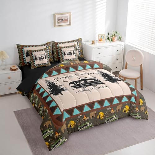 Erosebridal Kids Camping 7 Piece Comforter Set Twin Bed in a Bag,Camper Bedding Set for Travel Trailers,Rustic Farmhouse Style Bed Sheets,Happy Camping Aztec Tribal Geometric Down Comforter