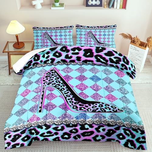 Rainbow Cheetah Print Comforter Set Twin Girls Sexy High Heels Leopard Print Bedding Set Women High Heels Leopard Comforter Quilt Bedroom Decor Animal Cheetah Bedding Bed Decor