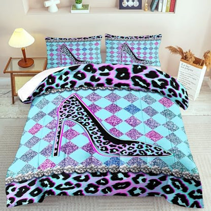 Rainbow Cheetah Print Comforter Set Twin Girls Sexy High Heels Leopard Print Bedding Set Women High Heels Leopard Comforter Quilt Bedroom Decor Animal Cheetah Bedding Bed Decor
