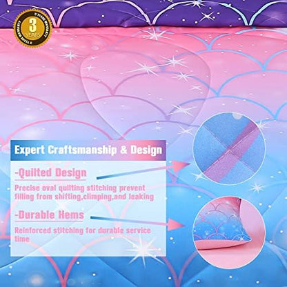 JQinHome Full Size Mermaid Comforter Set, 6 Piece Bed in A Bag 3D Colorful Bedding Set for Girls Kids (1 Comforter,2 Pillowcases,1 Flat Sheet,1 Fitted Sheet,1 Cushion Cover)(Pink Mermaid Scale)