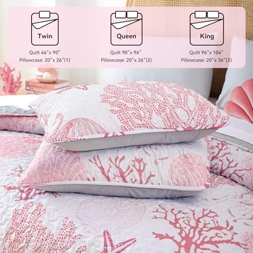 weigelia Coastal Quilt King Size, Pink Coral Lightweight Summer Bedding