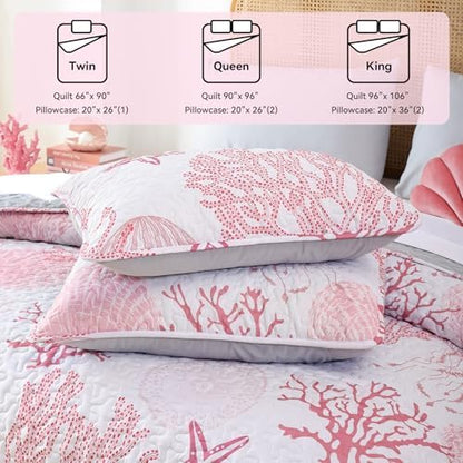 weigelia Coastal Quilt Twin Size, Pink Coral Lightweight Summer Bedding