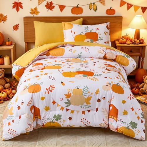 Thanksgiving Comforter Set Full Size,Pumpkin Comforters for Kids Teen