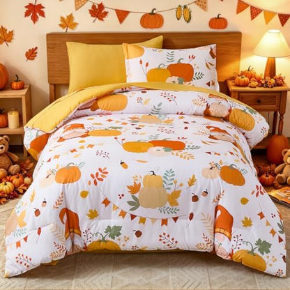 Thanksgiving Comforter Set Twin Size,Pumpkin Comforters for Kids Teen