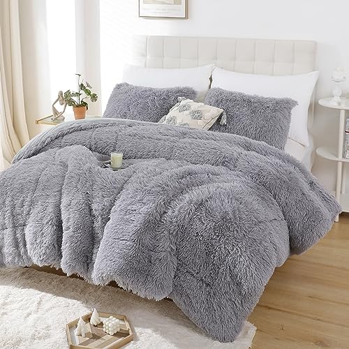 Smoofy Fluffy Full Size Comforter Set, Grey Faux Fur Comforter Set 3 Pieces