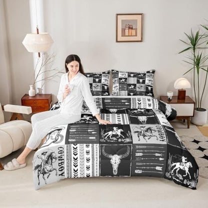 Manfei Western Cowboy Comforter Set Twin Size, Bull Skull Horse Arrow Print Bedding Set 2pcs for Kids Boys Teens Bedroom Decor, Geometric Grid Black Plaid Print Quilt Set with 1 Pillowcase
