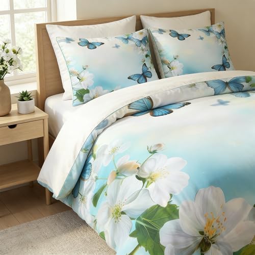 CCoutueChen Butterfly Floral Bedding Set King Size, Country Comforter for Women Blue Botanical Flowers Bedroom Decor, 3 Pcs 2 Pillowcases, 104"x90"