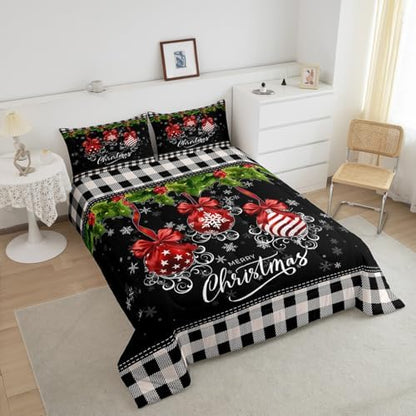 Black and White Grid King Size Comforter Set Kids Merry Christmas Decor All Season Bedding Set for Girls Teens Red and Green Comforter Geometric Snowflake Decor Quilt Set Bedroom Collection 3Pcs