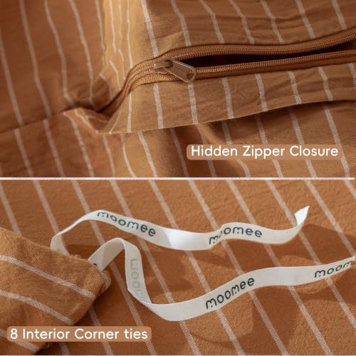 MooMee Striped Duvet Cover Set 100% Washed Cotton Linen Like Queen