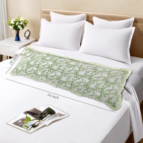 CPC Block Print Olive Green Ruffle Cotton Lumbar Pillow Cover 20x54 inch