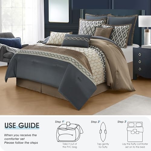 LANCO MODERN LIFESTYLE King Size Comforter Set, Grey Brown, 10 Piece Bed in a Bag for All Seasons, Luxury Extreme Comfort Bedding Sets with Bedskirt, Pillow Shams, Euro Shams and Decor Pillows