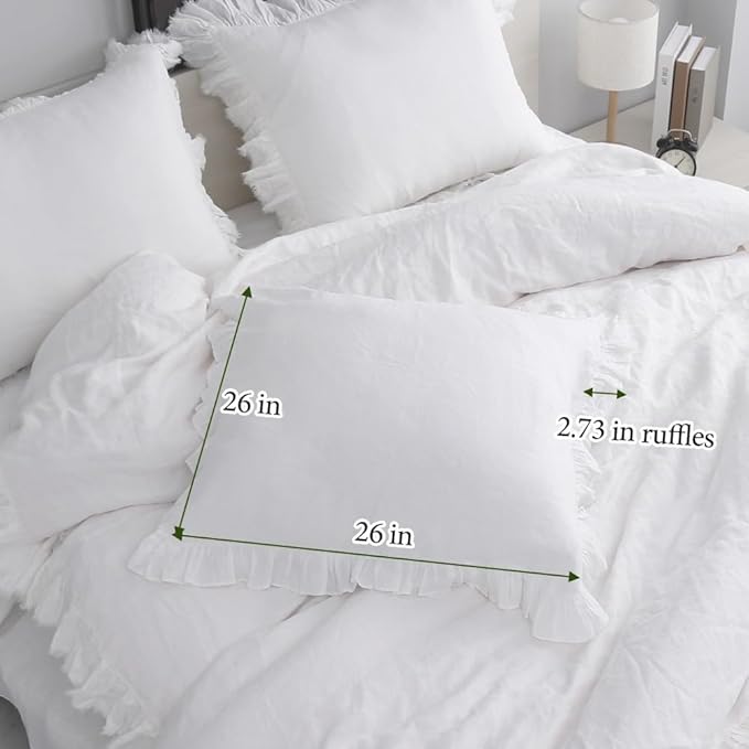 Simple&Opulence 100% Linen Euro Sham Covers with Ruffle, 2Pcs Pillow Covers 26x26 Inches, Euro Pillow Shams for Bed Couch French Home Decor Luxury and Breathable Square Pillow Cases, White