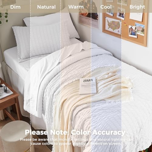 HYMOKEGE White Twin Comforter Set Seersucker 5 Pieces, All Season Luxury Bed in a Bag for Bedroom, Bedding Set with Comforters, Sheets, Pillowcase & Sham