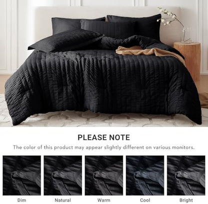MUXHOMO 7 Pieces Oversized Queen Comforter Set, Seersucker Bed in a Bag Oversized Queen Size, All Season Luxury Bedding Set with Comforter, Flat Sheet, Fitted Sheet, Pillowcases & Shams, Black