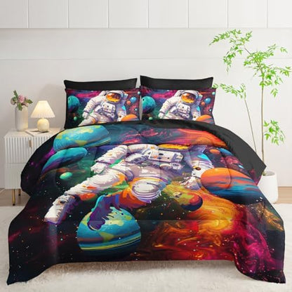 7 Piece Astronaut Themed Comforter Set Queen，Astronaut Bedding for Boys Queen Size，(1 Comforter, 1 Flat Sheet, 1 Fitted Sheet, 2 Pillowcase and 2 Pillow Sham)