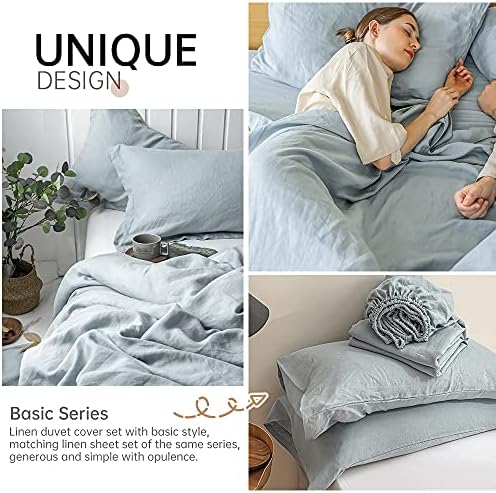 Simple&Opulence 100% Linen Duvet Cover Set 3pcs Basic Style Natural French Washed Flax Solid Color Soft Breathable Farmhouse Bedding with Button Closure - Dusty Blue, Queen