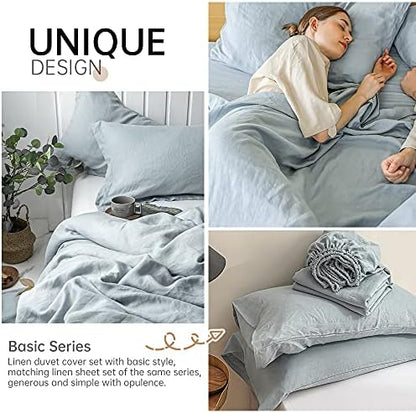 Simple&Opulence 100% Linen Duvet Cover Set 3pcs Basic Style Natural French Washed Flax Solid Color Soft Breathable Farmhouse Bedding with Button Closure - Dusty Blue, Queen