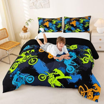 Feelyou Dirt Bike Comforter Set All Season Motocross Bedding Set with 2 Pillow Cases Rider Silhouette Kids Full Extreme Sports Bedroom Decor Graffiti Rider Duvet Quilt Breathable Soft Lightweight